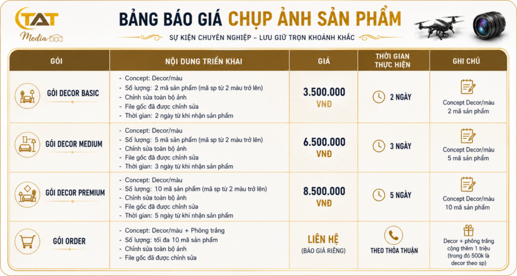 Báo giá chụp ảnh sản phẩm mới nhất 2026 – Chi tiết chi phí & kinh nghiệm lựa chọn dịch vụ TATMedia Giải Pháp Truyền Thông Báo giá chụp ảnh sản phẩm mới nhất 2026 – Chi tiết chi phí & kinh nghiệm lựa chọn dịch vụ TATMedia Giải Pháp Truyền Thông